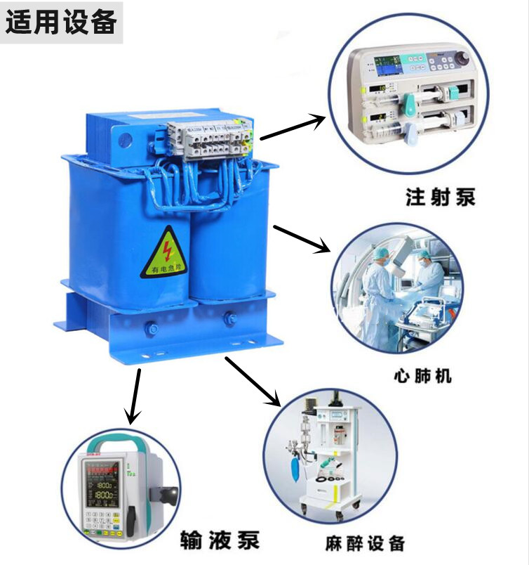 醫(yī)用隔離變壓器主要適用于注射泵，心脈機(jī)，麻醉設(shè)備、輸液泵等醫(yī)療設(shè)備